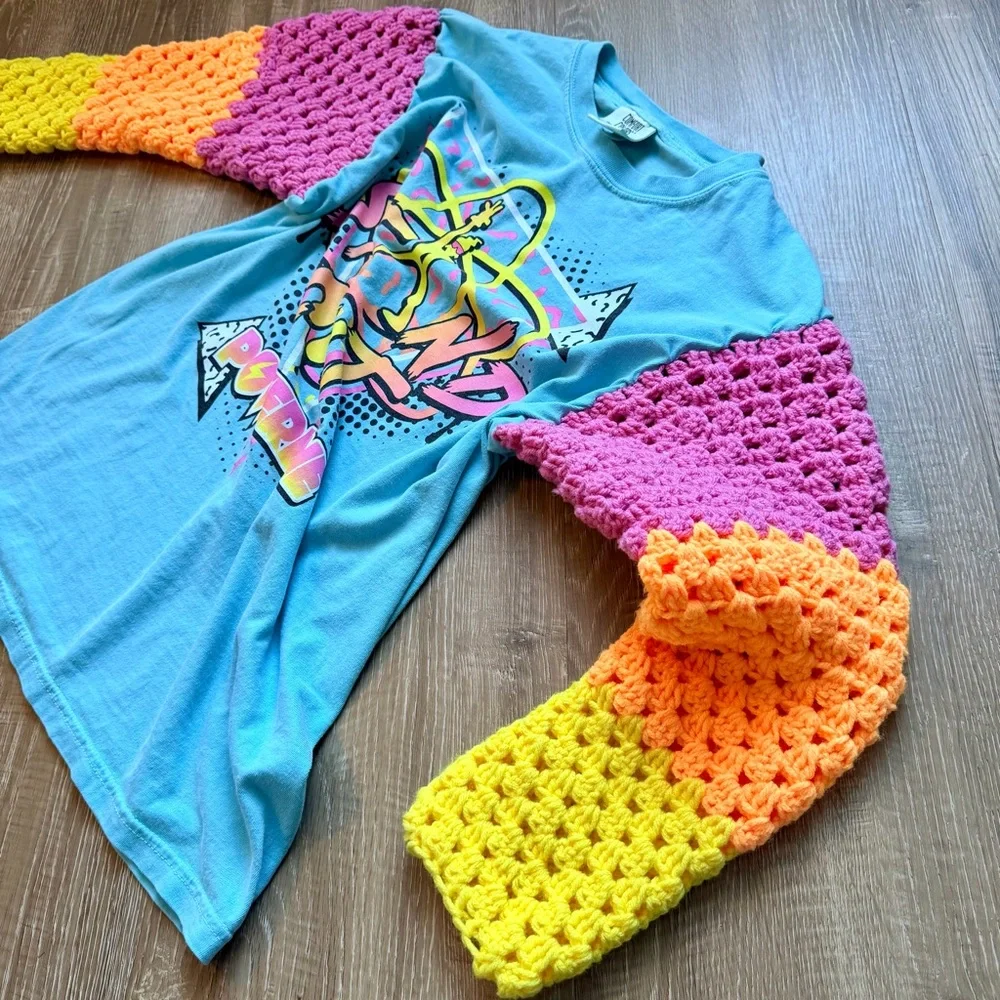 Crochet Upcycled Powerline Goofy Movie T‎ Shirt Crochet Sleeves Unisex M
